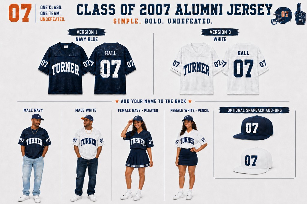 Navy, royal blue, and white mesh football jerseys with name on the back, plus optional 07 snapbacks. Girls can add their own skirt from Amazon if they want.