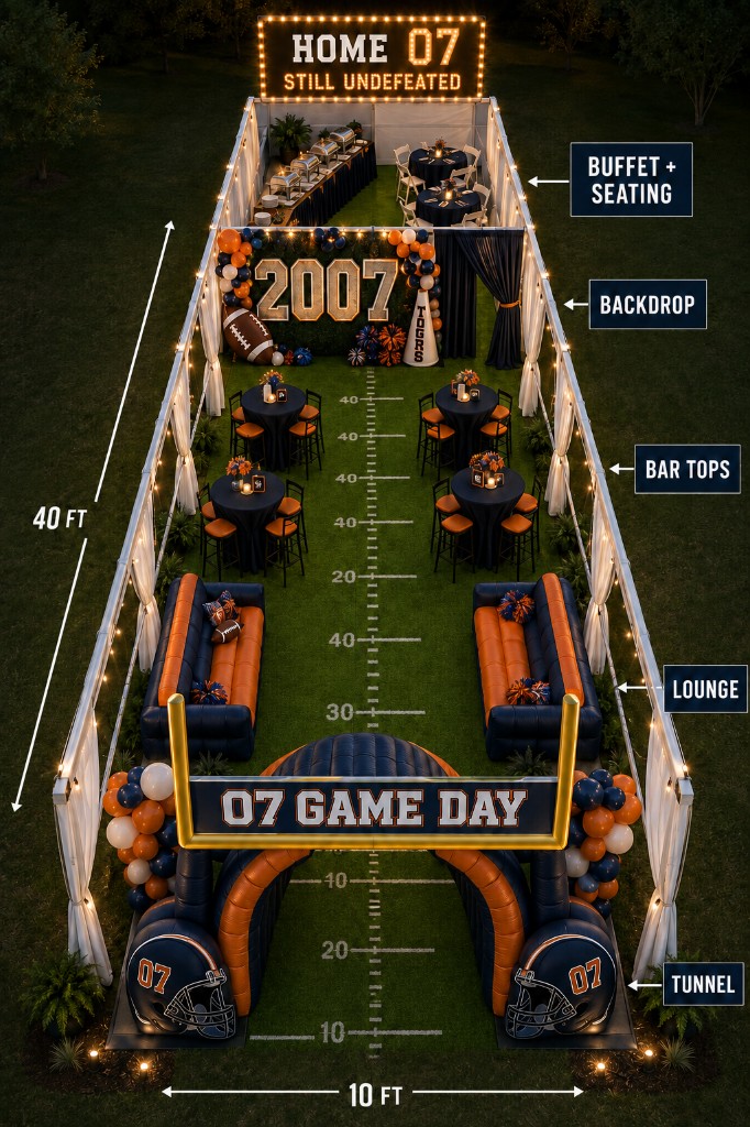 Game Day tent — helmet tunnel, yard lines, lounge, and a 2007 marquee. Four 10×10 tents. Last year we had three.